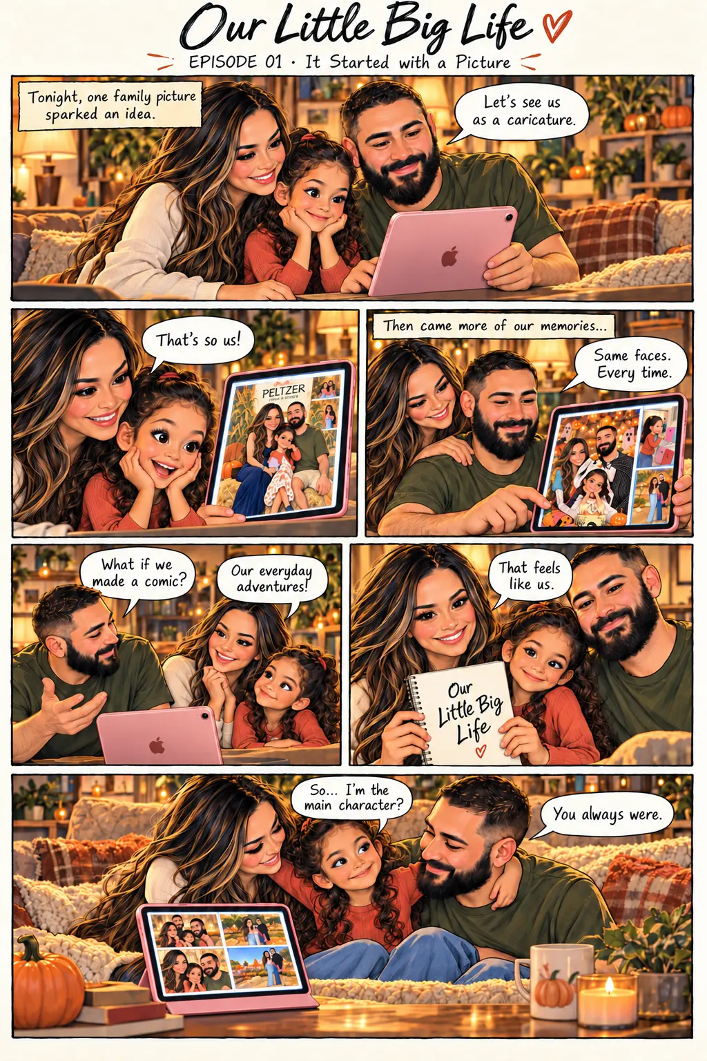 Six-panel comic: Steven, Esma, and Marina turn a family portrait into the idea for Our Little Big Life, using Marina’s pink iPad.