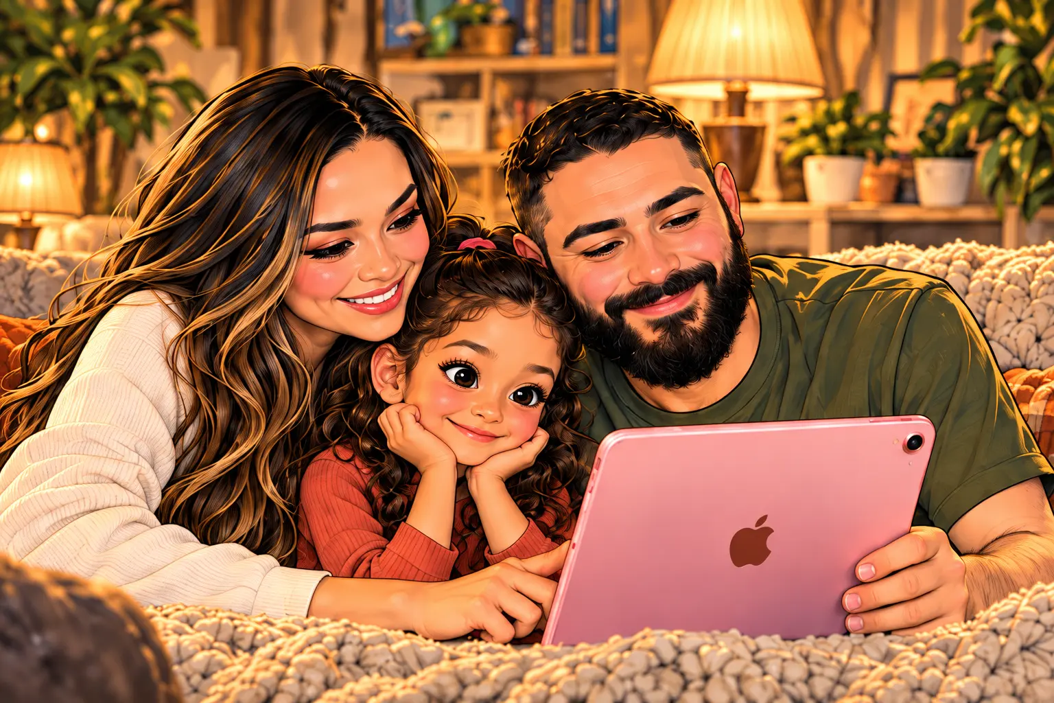 Esma, Marina, and Steven curled up together with Marina’s pink iPad.